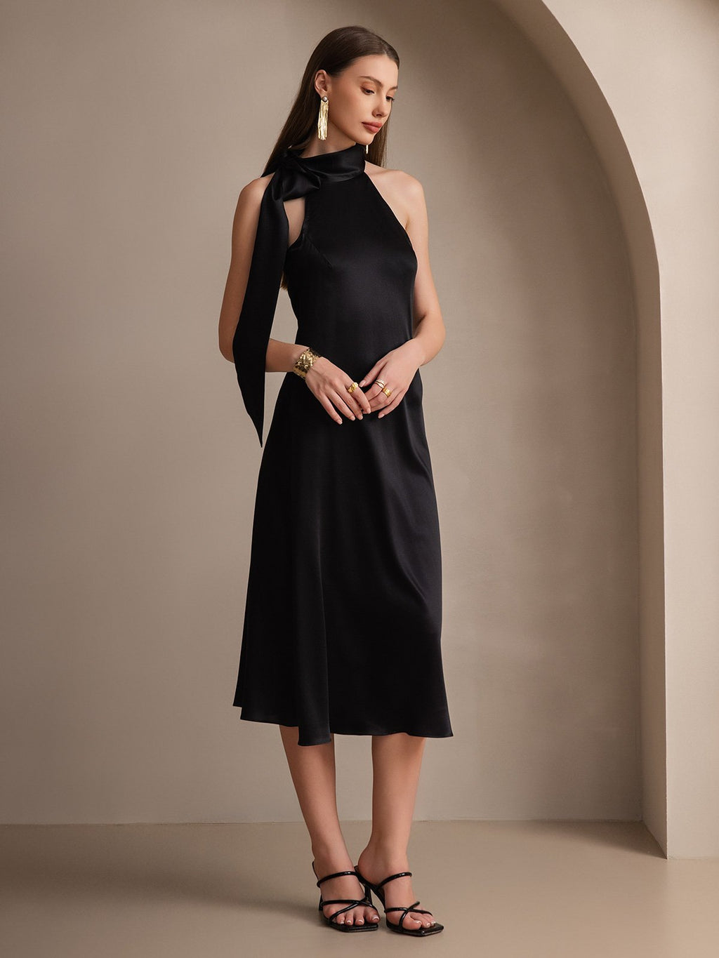 19Momme Silk Tie Neck Maxi Dress