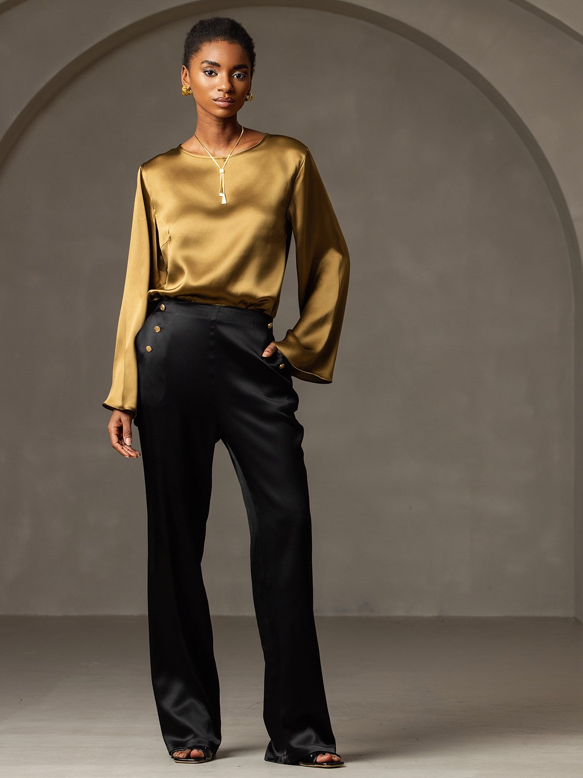 Women's 19Momme Silk High Waist Pants with Back Elastic Waist Design