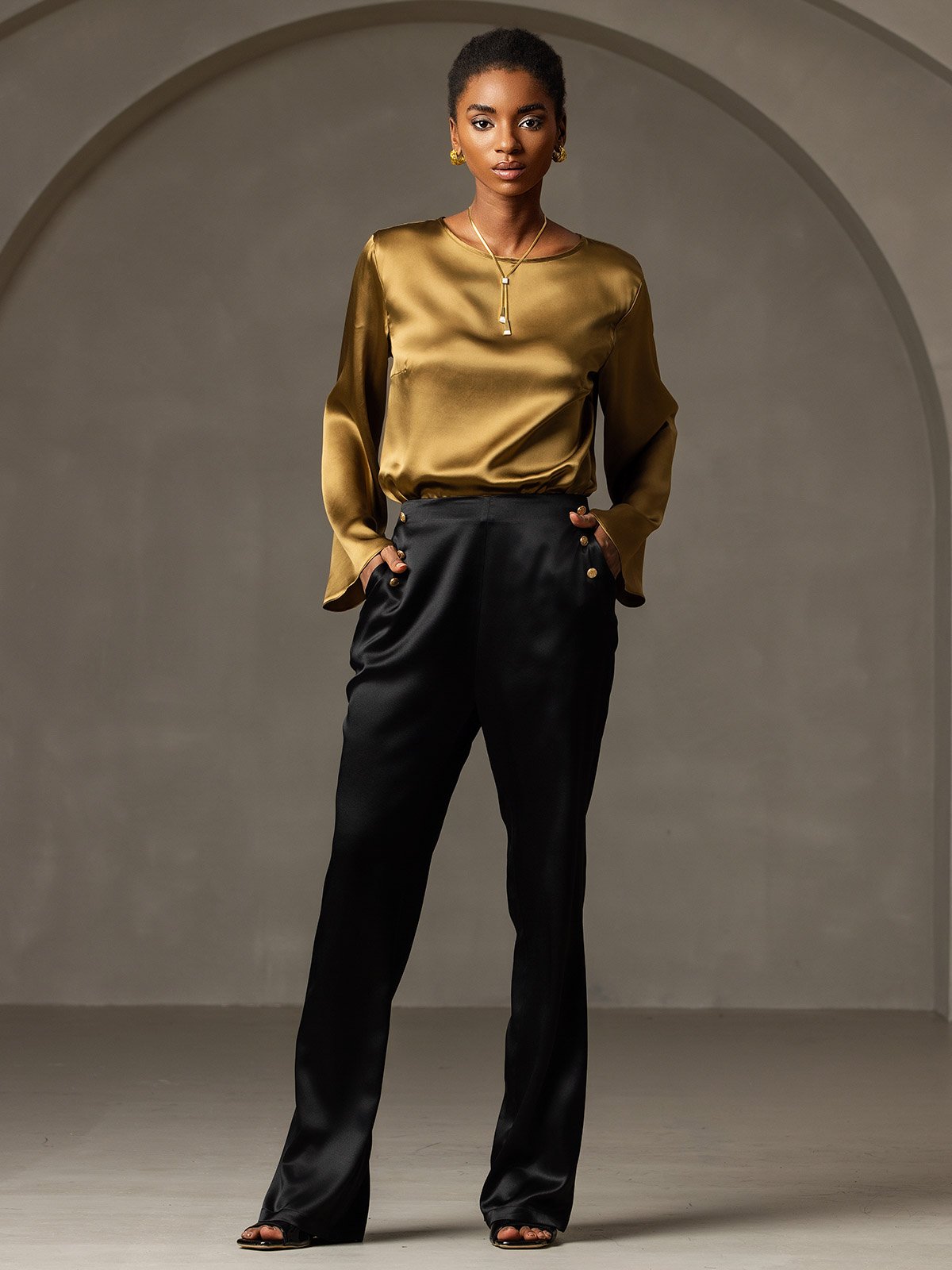 Women's 19Momme Silk High Waist Pants with Back Elastic Waist Design