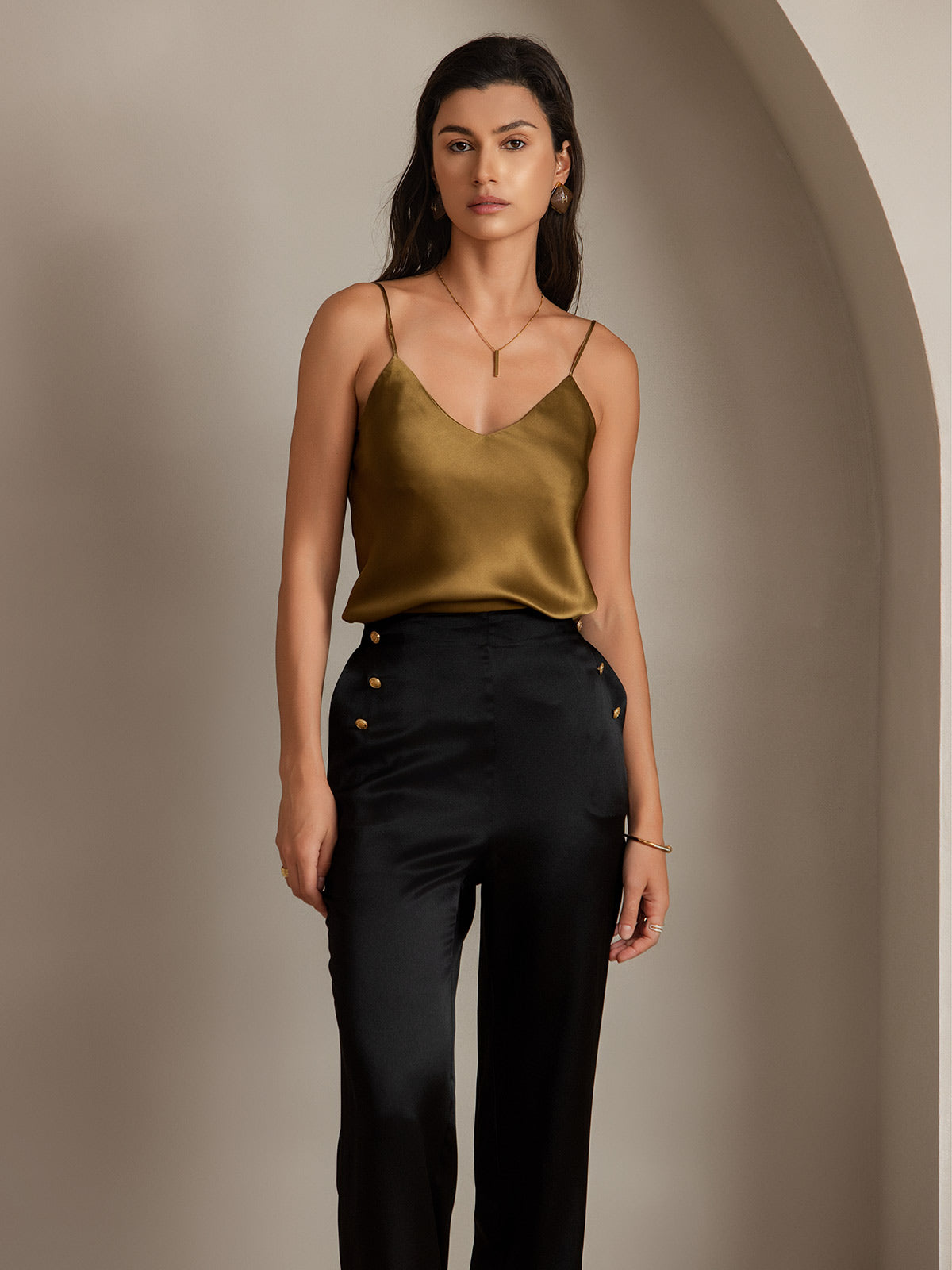 19Momme Silk High Waist Straight Fit Women's Pants with Back Elastic Waist Design