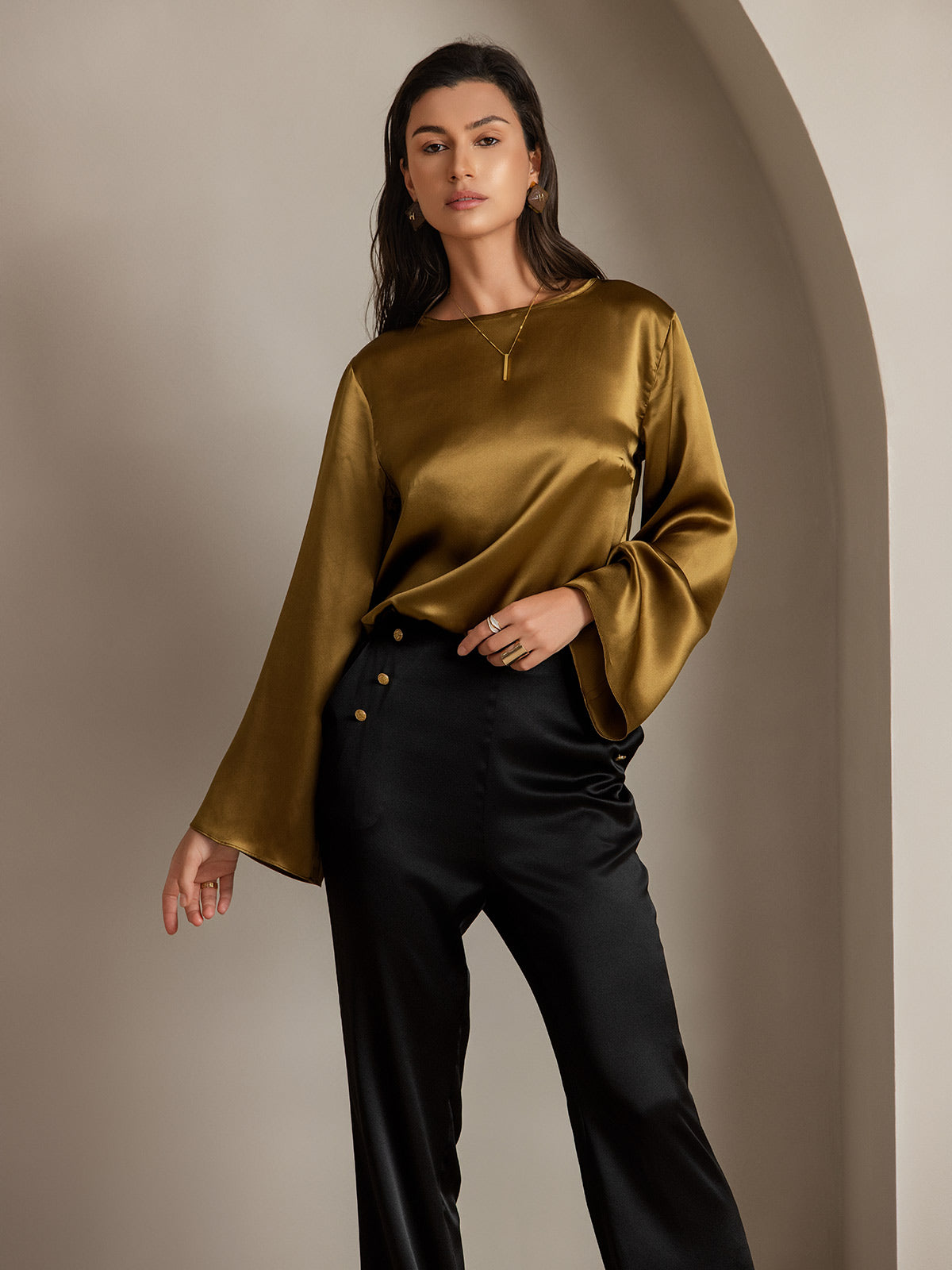 19Momme Silk High Waist Straight Fit Women's Pants with Back Elastic Waist Design