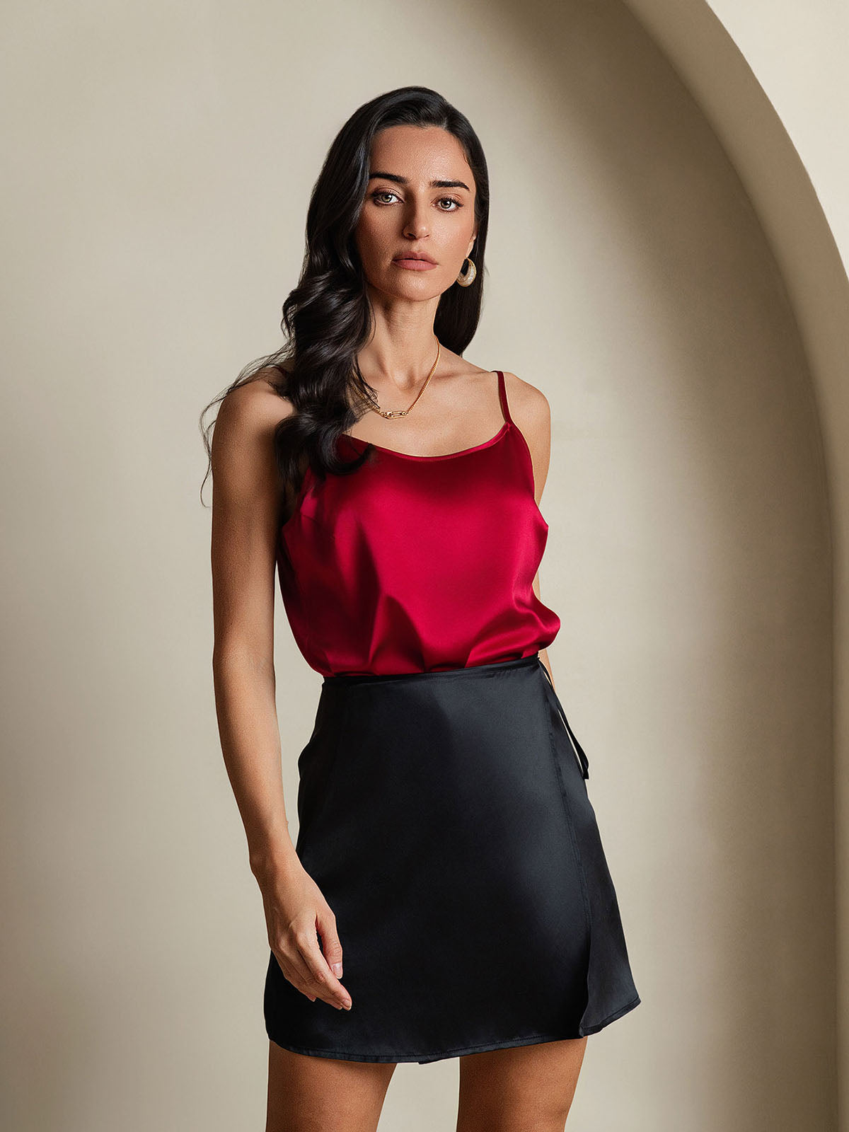 Pure Silk A Line Wrap Mini Skirt with Tie Waist Design
