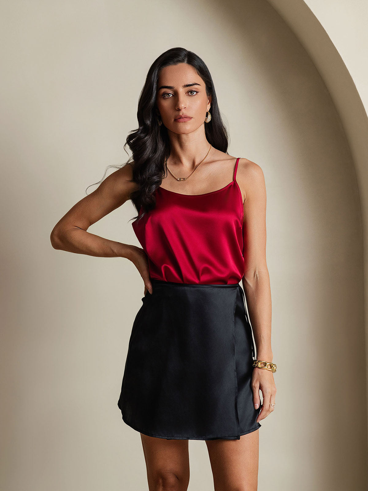 Pure Silk A Line Wrap Mini Skirt with Tie Waist Design