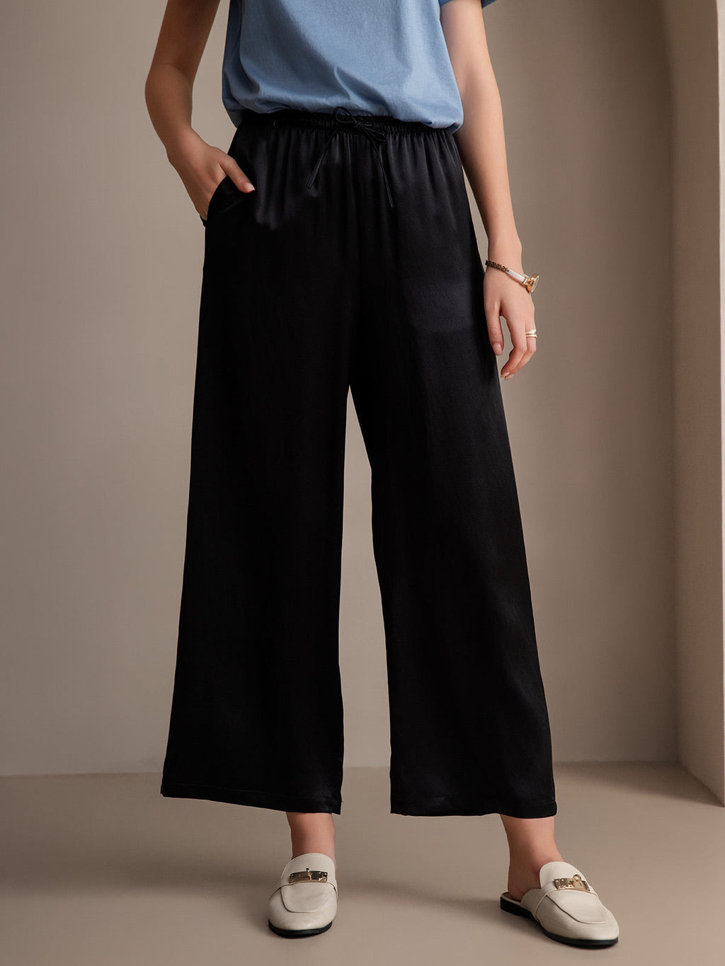 Pure Silk Wide Leg Women's Pants with Elastic Waist Design