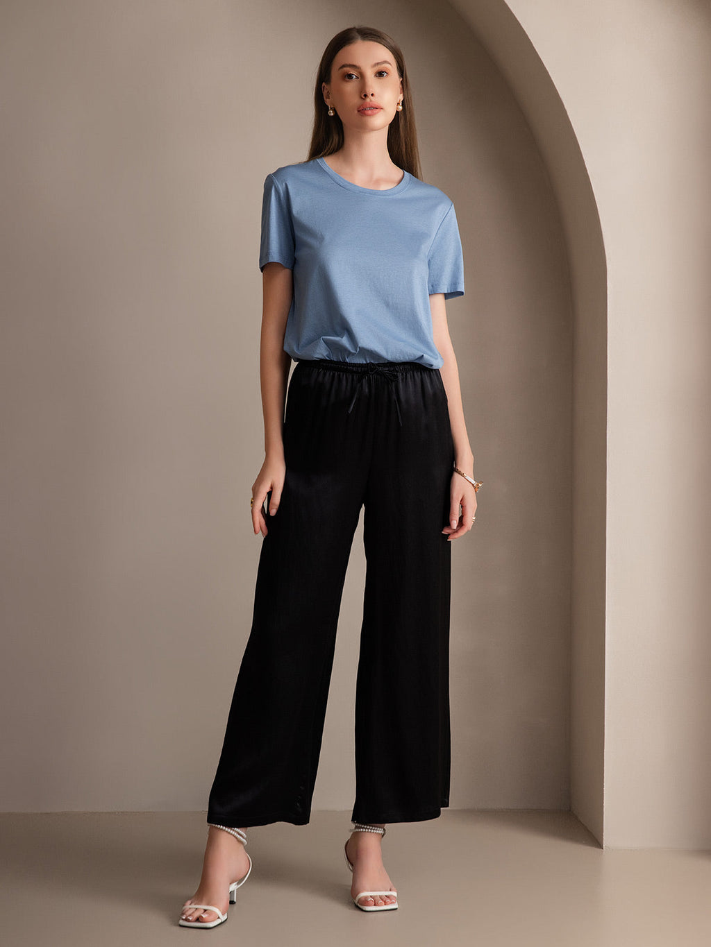 Pure Silk Wide Leg Women's Pants with Elastic Waist Design