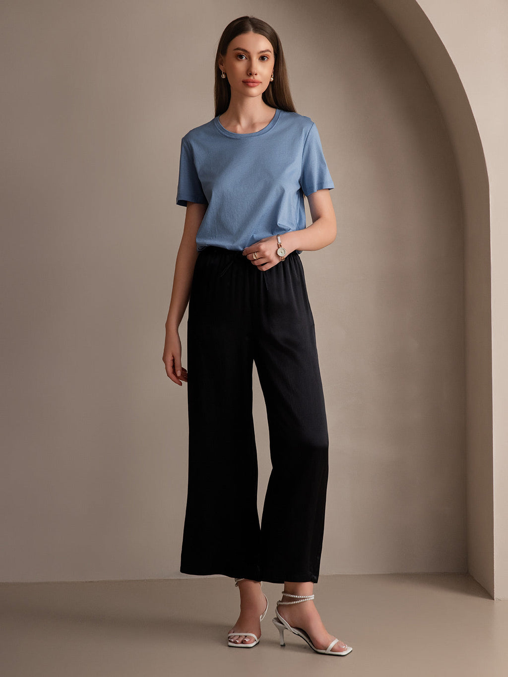 Pure Silk Wide Leg Women's Pants with Elastic Waist Design