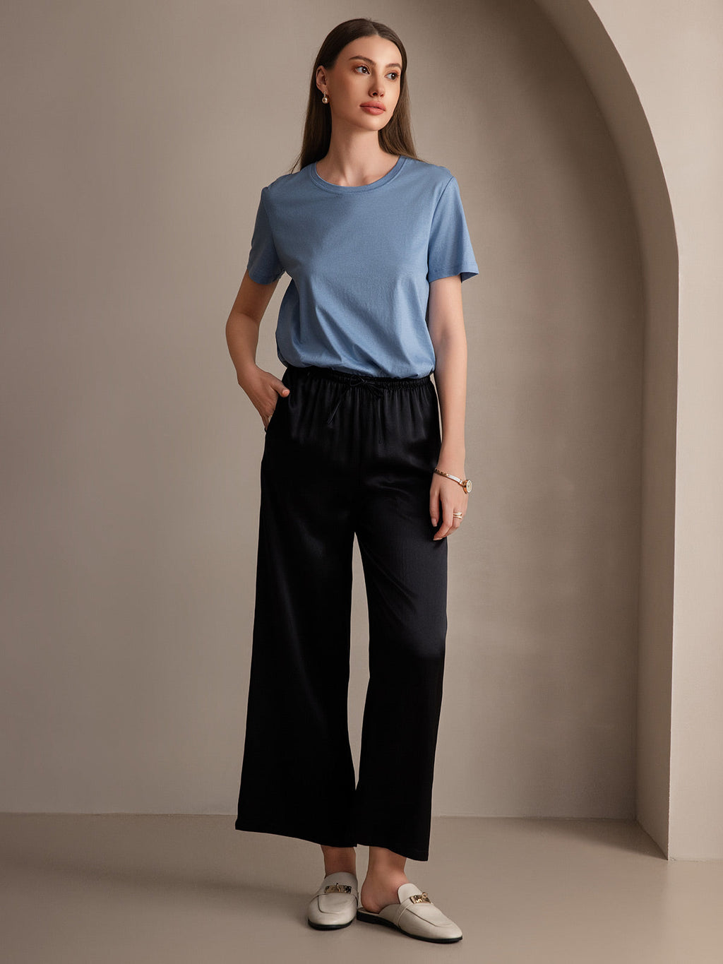 Pure Silk Wide Leg Women's Pants with Elastic Waist Design