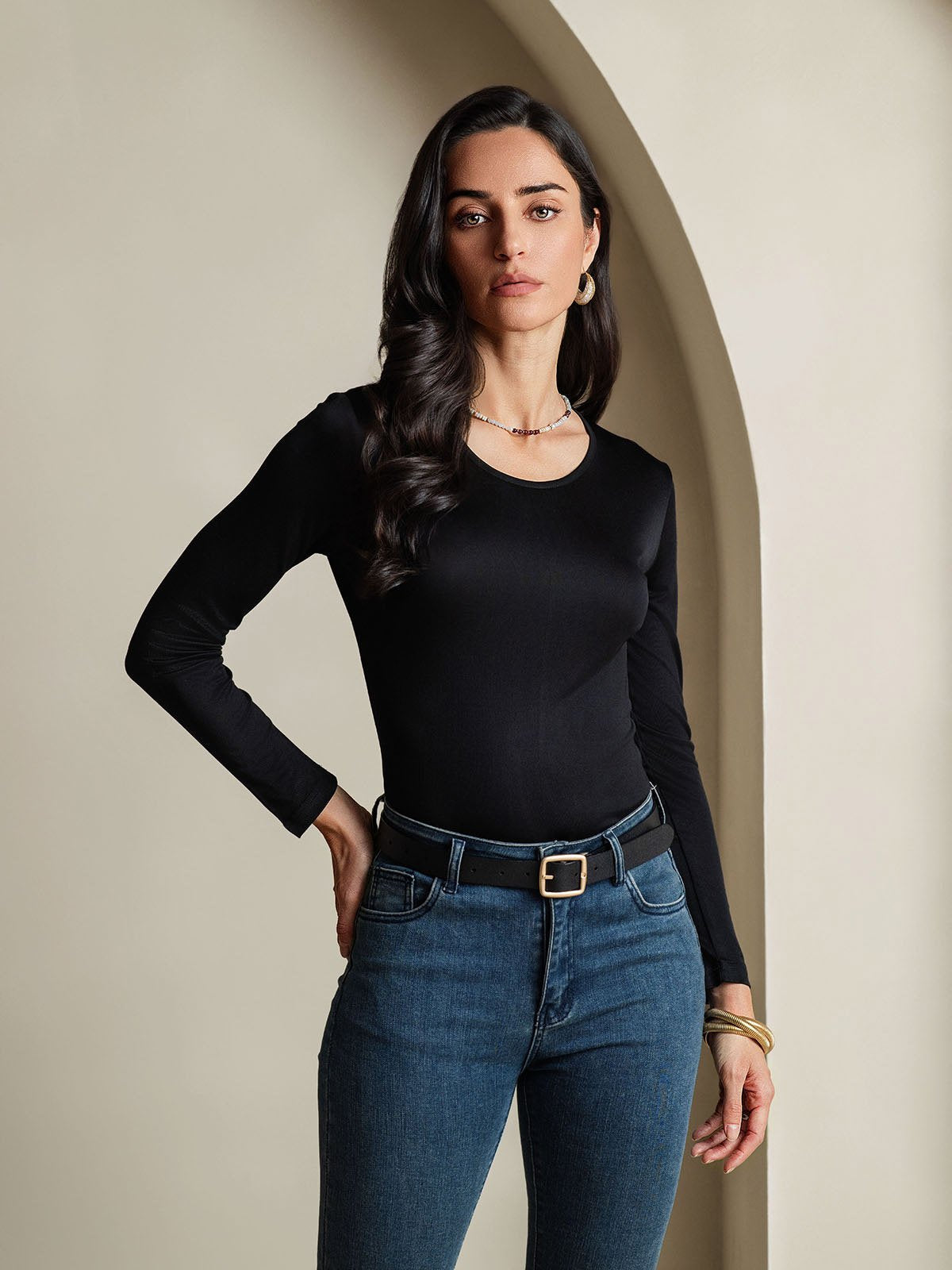 Silk Blend Round Neck Long-Sleeved T-Shirt