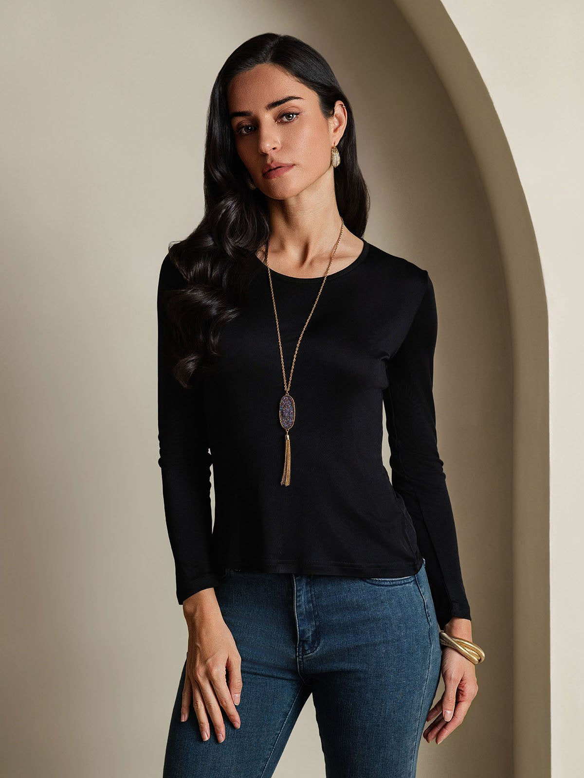 Silk Blend Round Neck Long-Sleeved T-Shirt