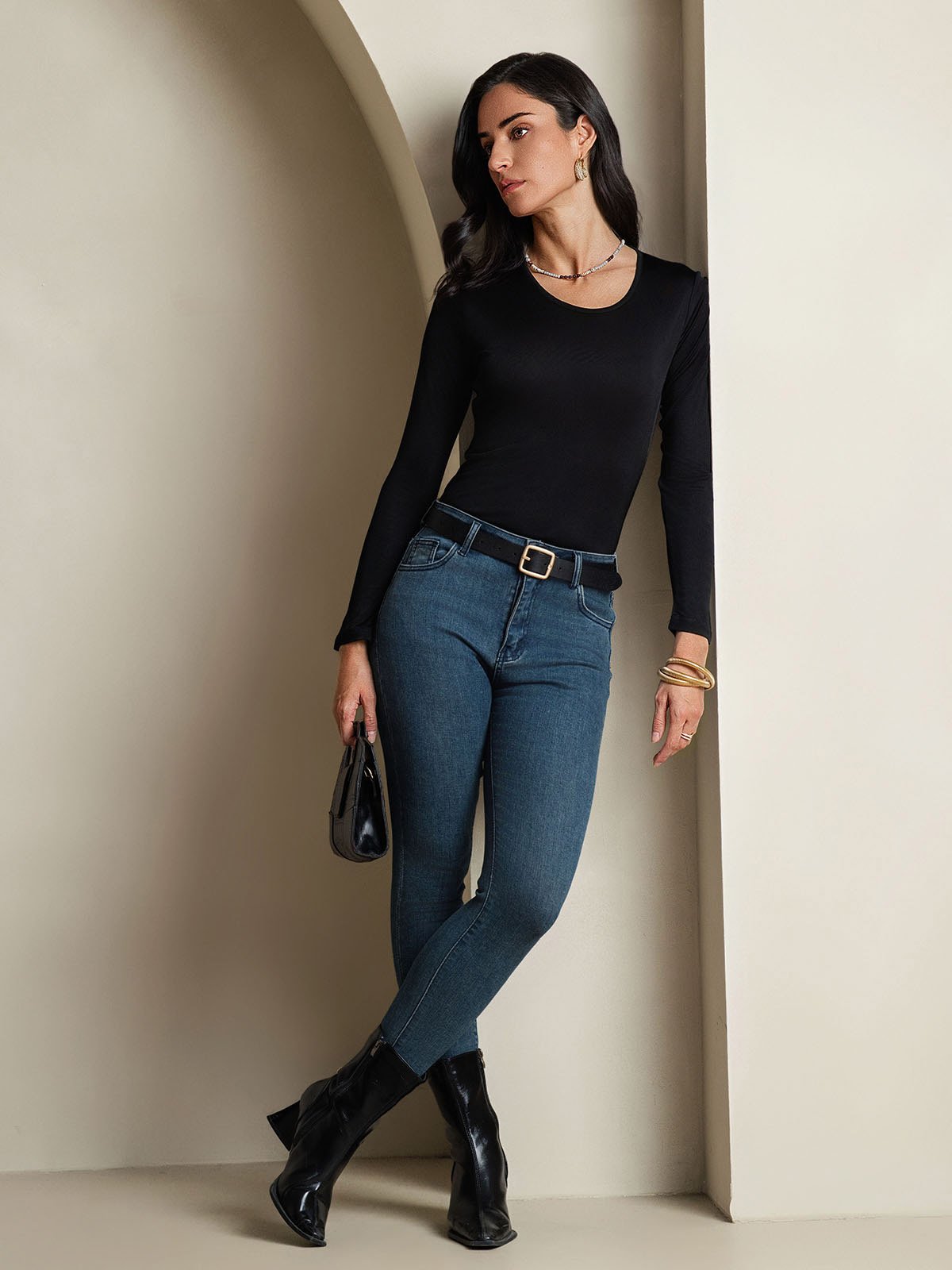 Silk Blend Round Neck Long-Sleeved T-Shirt
