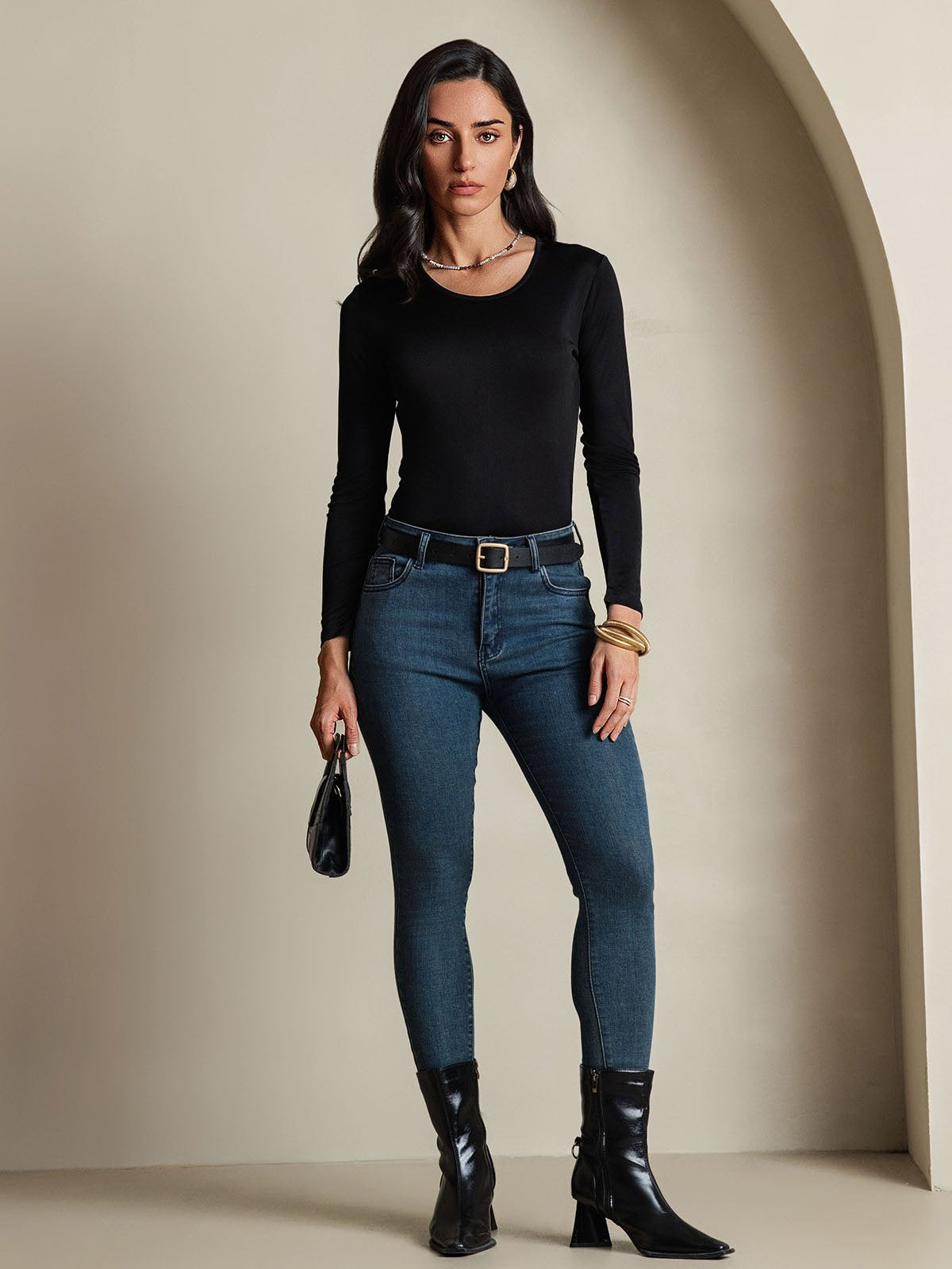 Silk Blend Round Neck Long-Sleeved T-Shirt