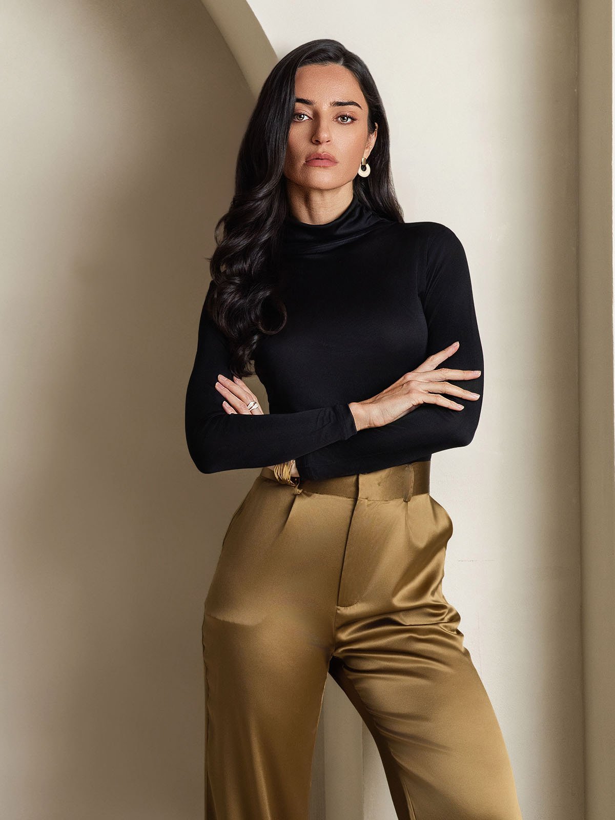 Silk Blend High Neck Long-Sleeved T-Shirt