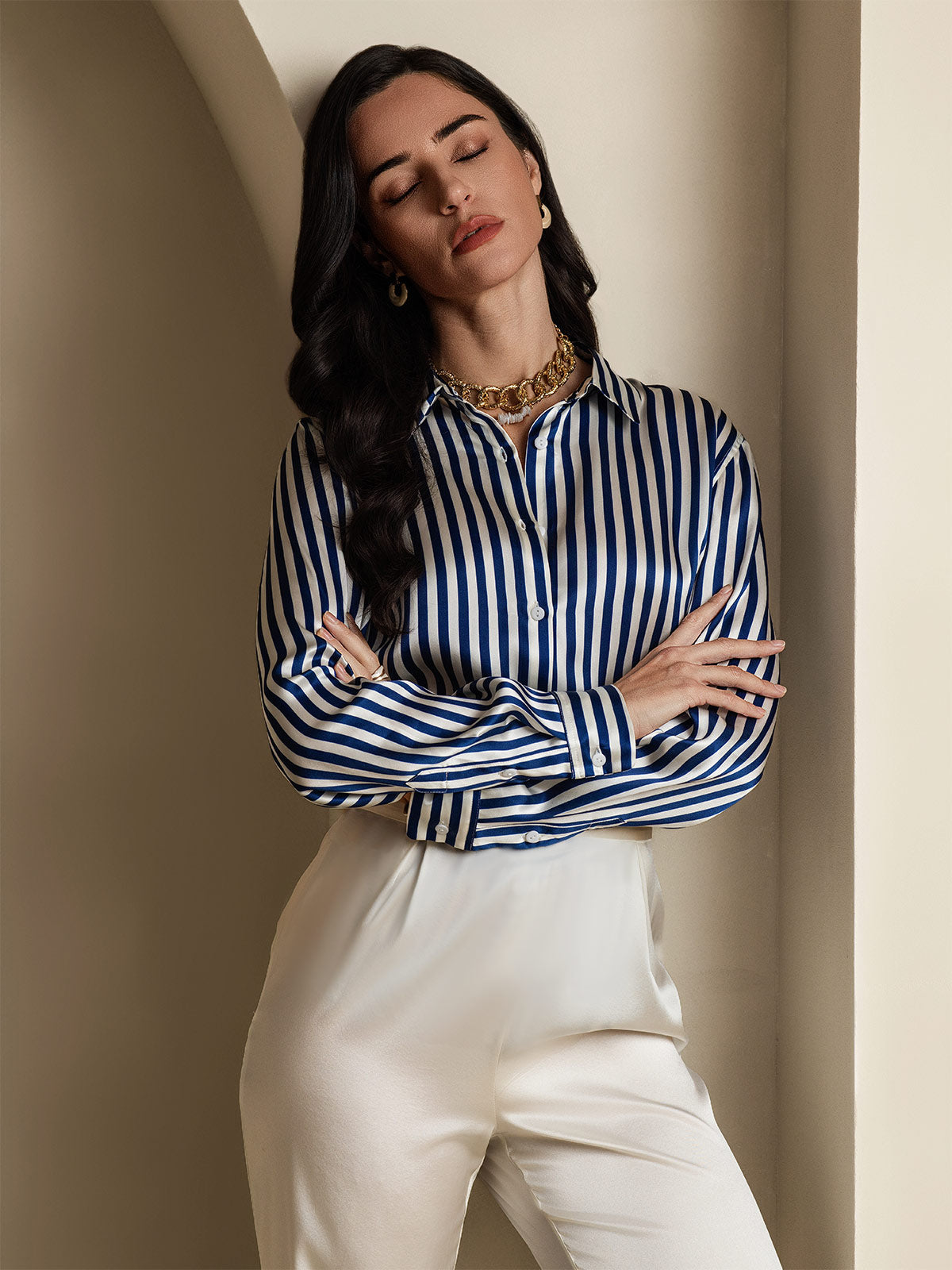 19Momme Silk Stripe Print Long Sleeve Lapel Collar Women's Shirt