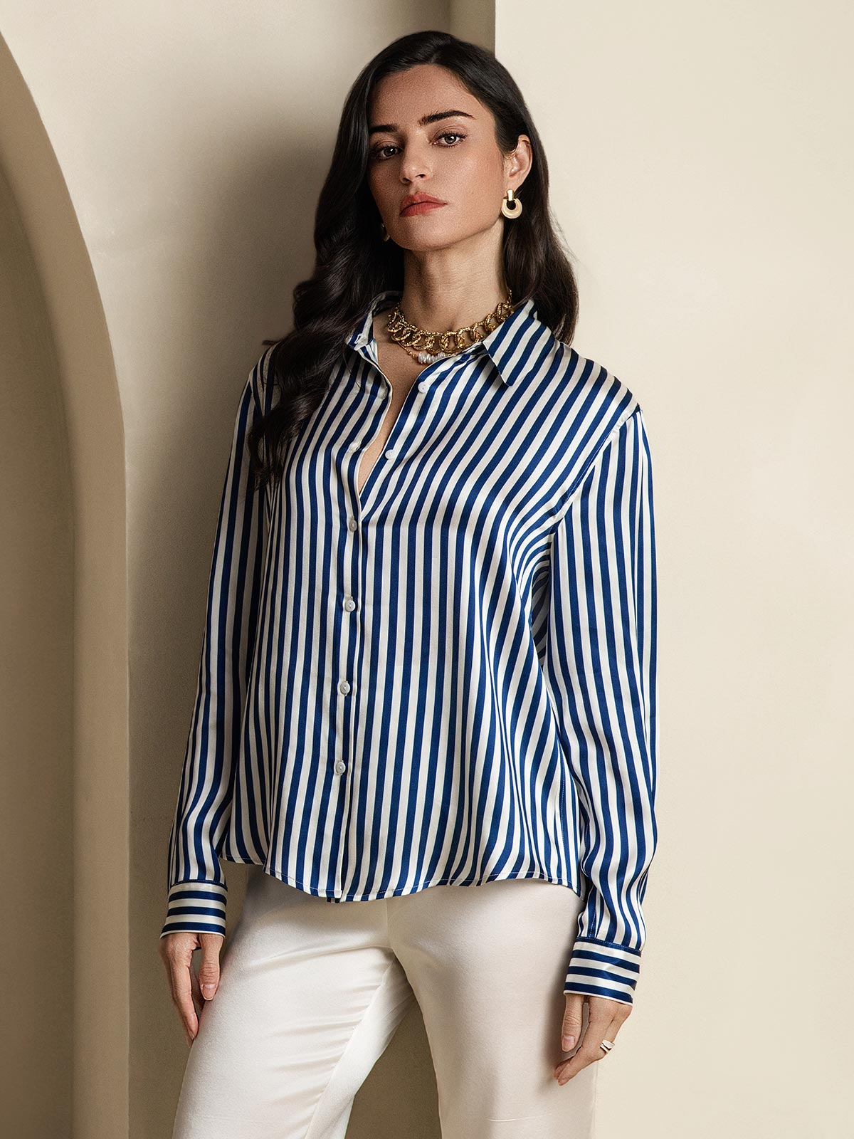 19Momme Silk Stripe Print Long Sleeve Lapel Collar Women's Shirt