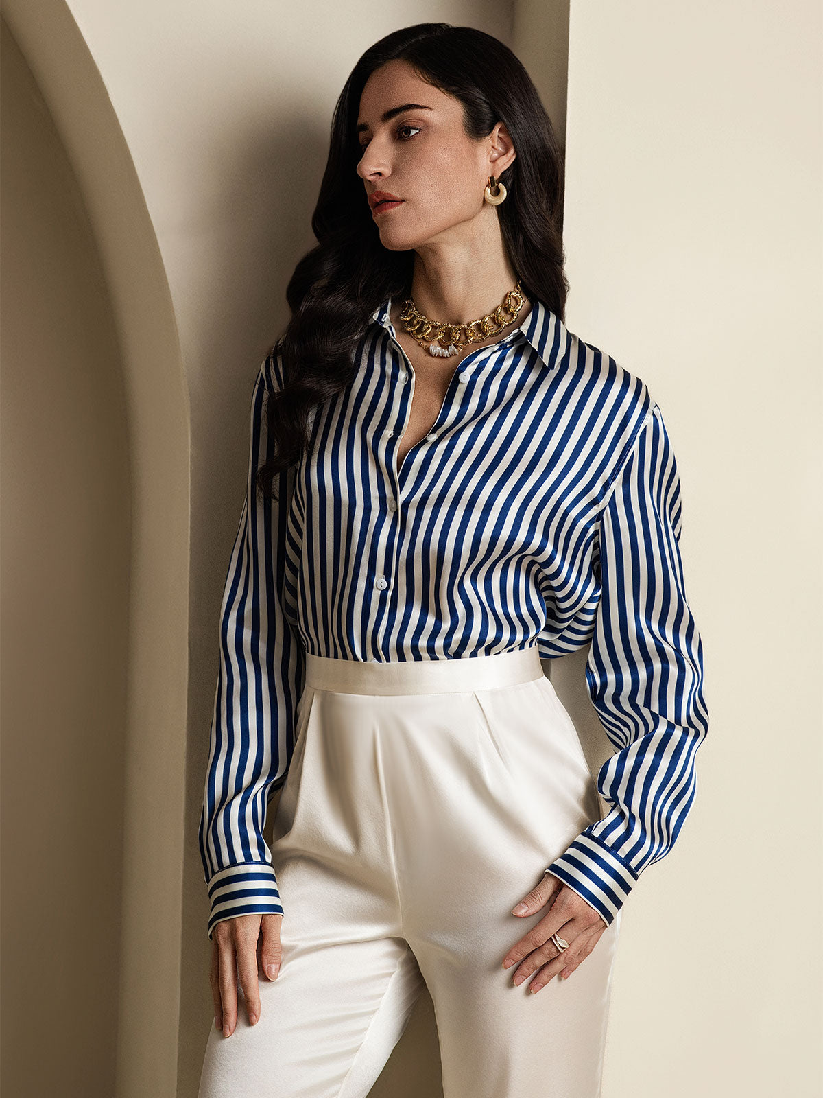 19Momme Silk Stripe Print Long Sleeve Lapel Collar Women's Shirt