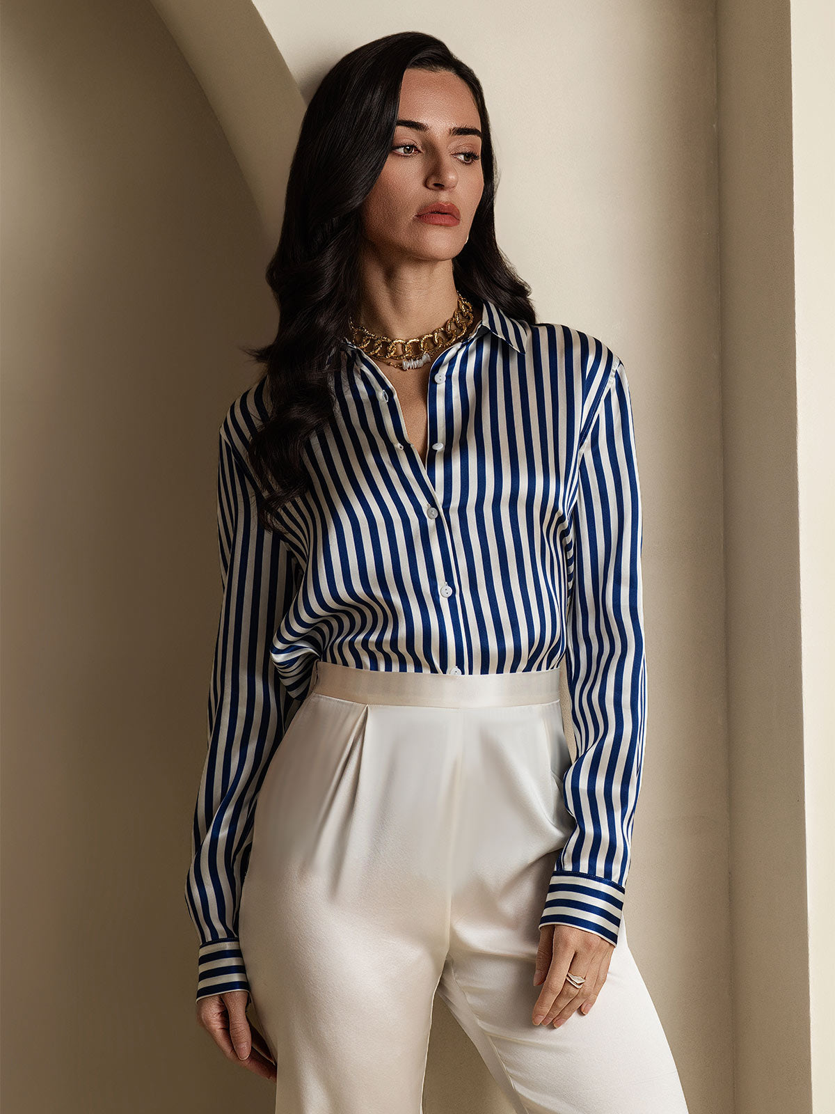 19Momme Silk Stripe Print Long Sleeve Lapel Collar Women's Shirt