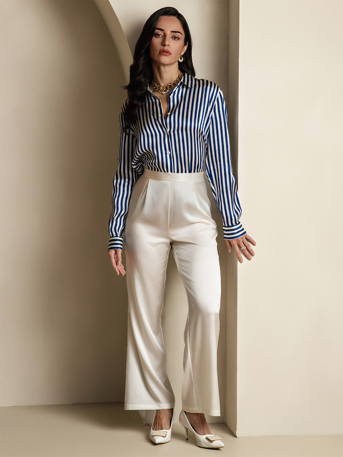 19Momme Silk Stripe Print Long Sleeve Lapel Collar Women's Shirt