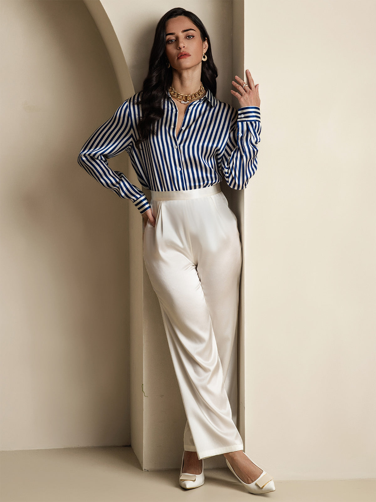 19Momme Silk Stripe Print Long Sleeve Lapel Collar Women's Shirt