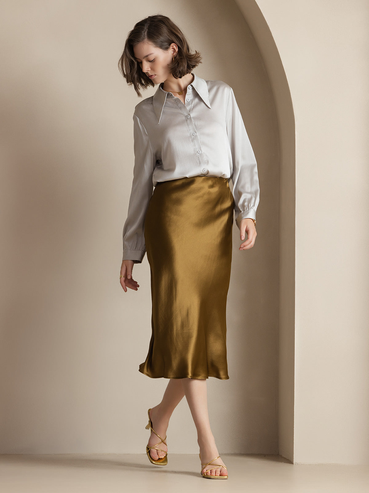 19Momme Pure Silk Long Straight Skirt with Stretch Waist Design