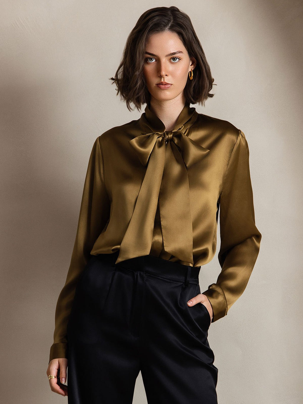 19Momme Silk Long Sleeve Tie Neck Blouse