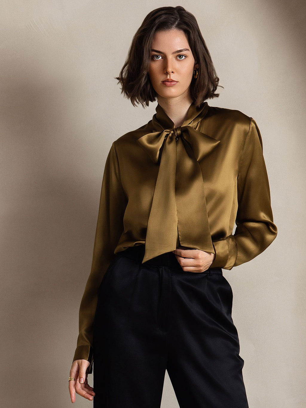 19Momme Silk Long Sleeve Tie Neck Blouse