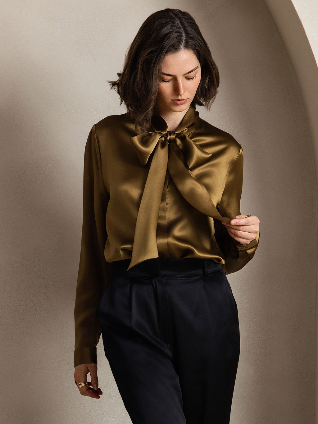 19Momme Silk Long Sleeve Tie Neck Blouse