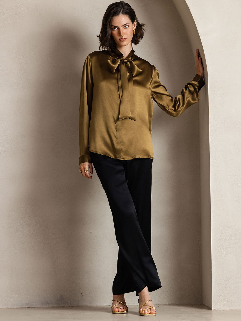 19Momme Silk Long Sleeve Tie Neck Blouse