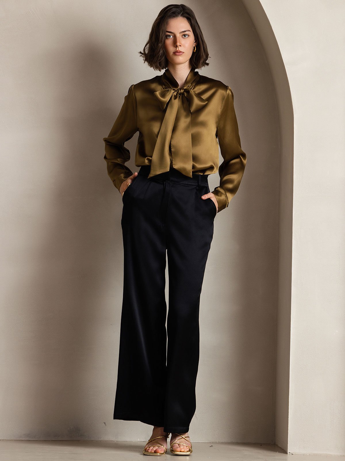19Momme Silk Long Sleeve Tie Neck Blouse
