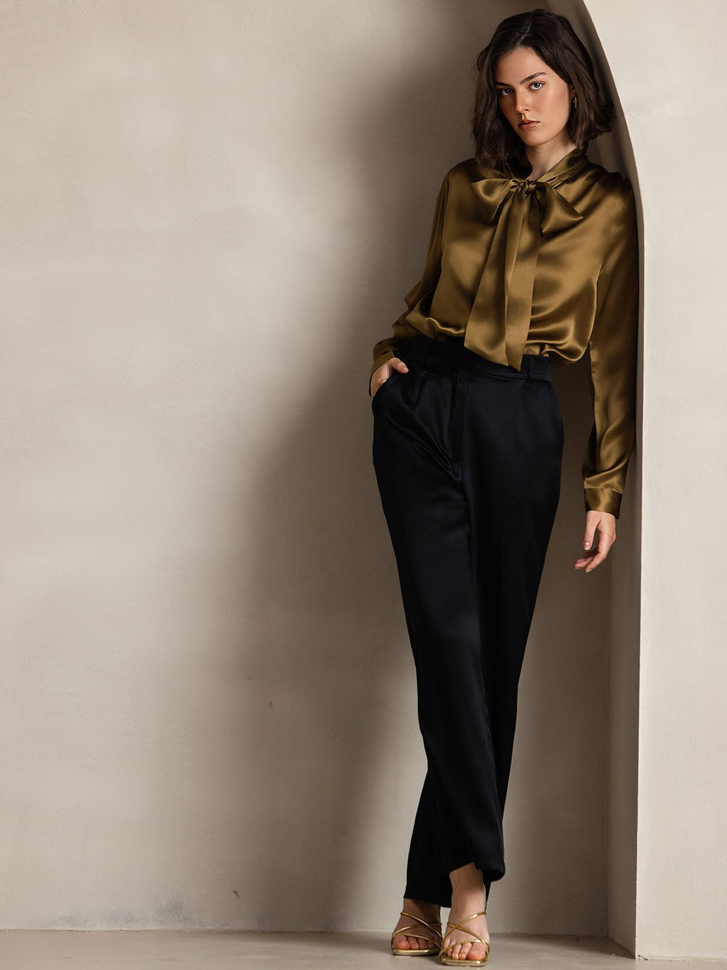 19Momme Silk Long Sleeve Tie Neck Blouse