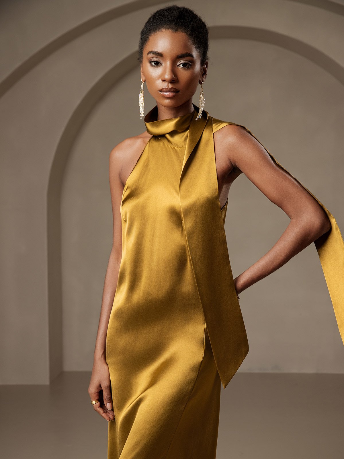 19Momme Silk Tie Neck Maxi Dress