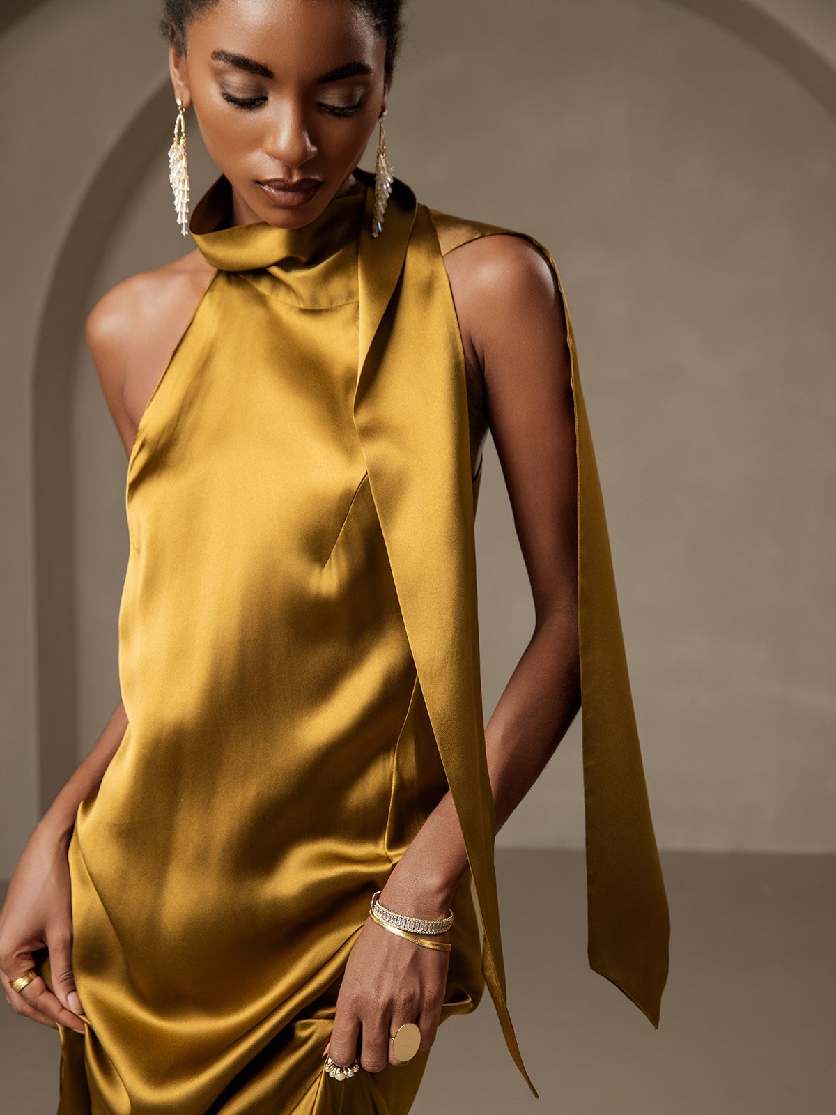 19Momme Silk Tie Neck Maxi Dress
