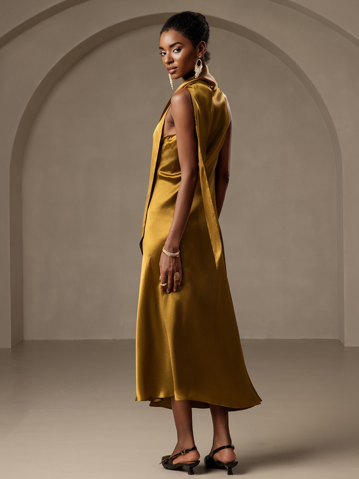19Momme Silk Tie Neck Maxi Dress