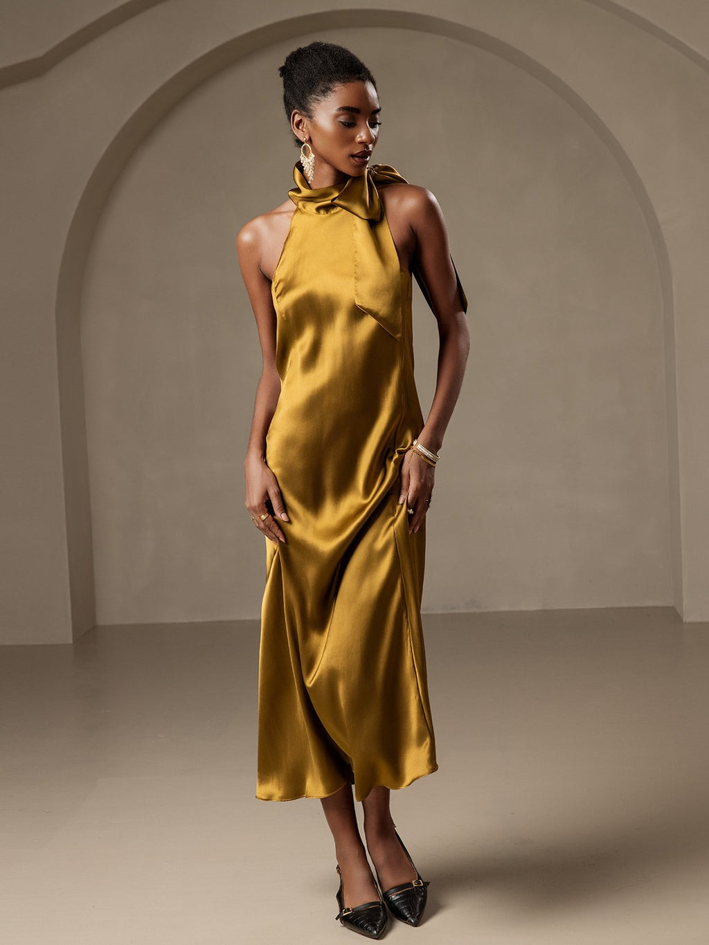 19Momme Silk Tie Neck Maxi Dress