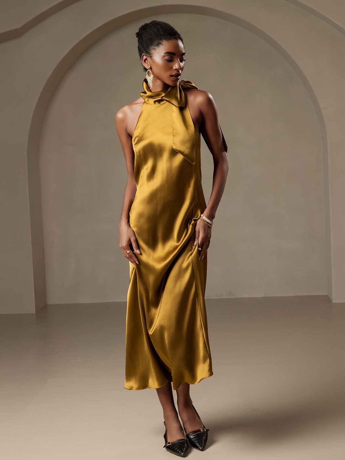 19Momme Silk Tie Neck Maxi Dress