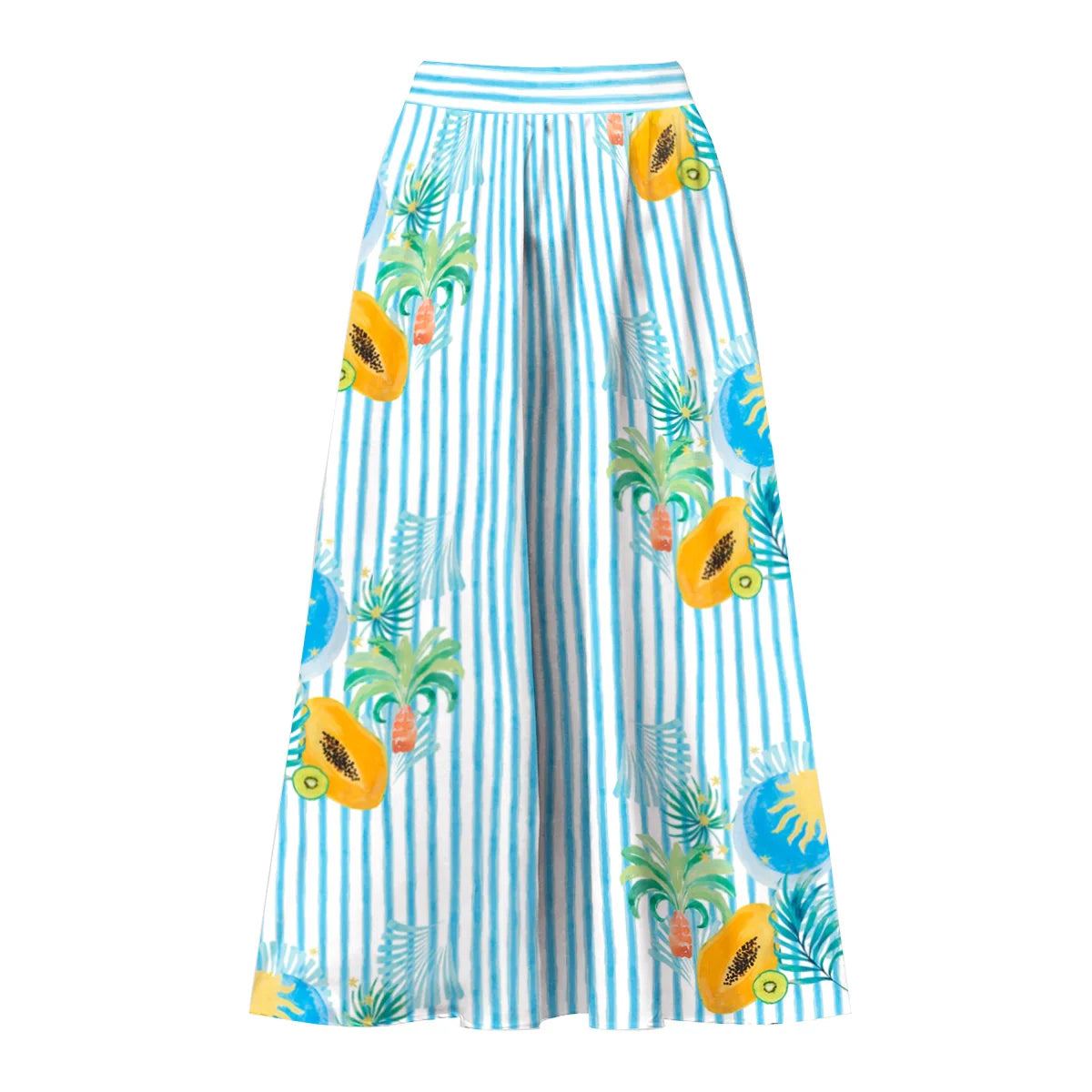 Striped Tropical Papaya Print Boho Island Style One-Piece Swimsuit&Skirts