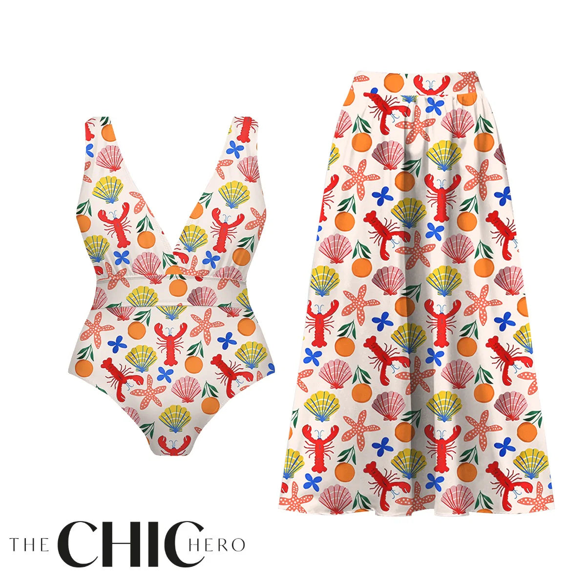 Tropical Seafood Lobster & Shell Pattern One-Piece Swimsuit&Skirt