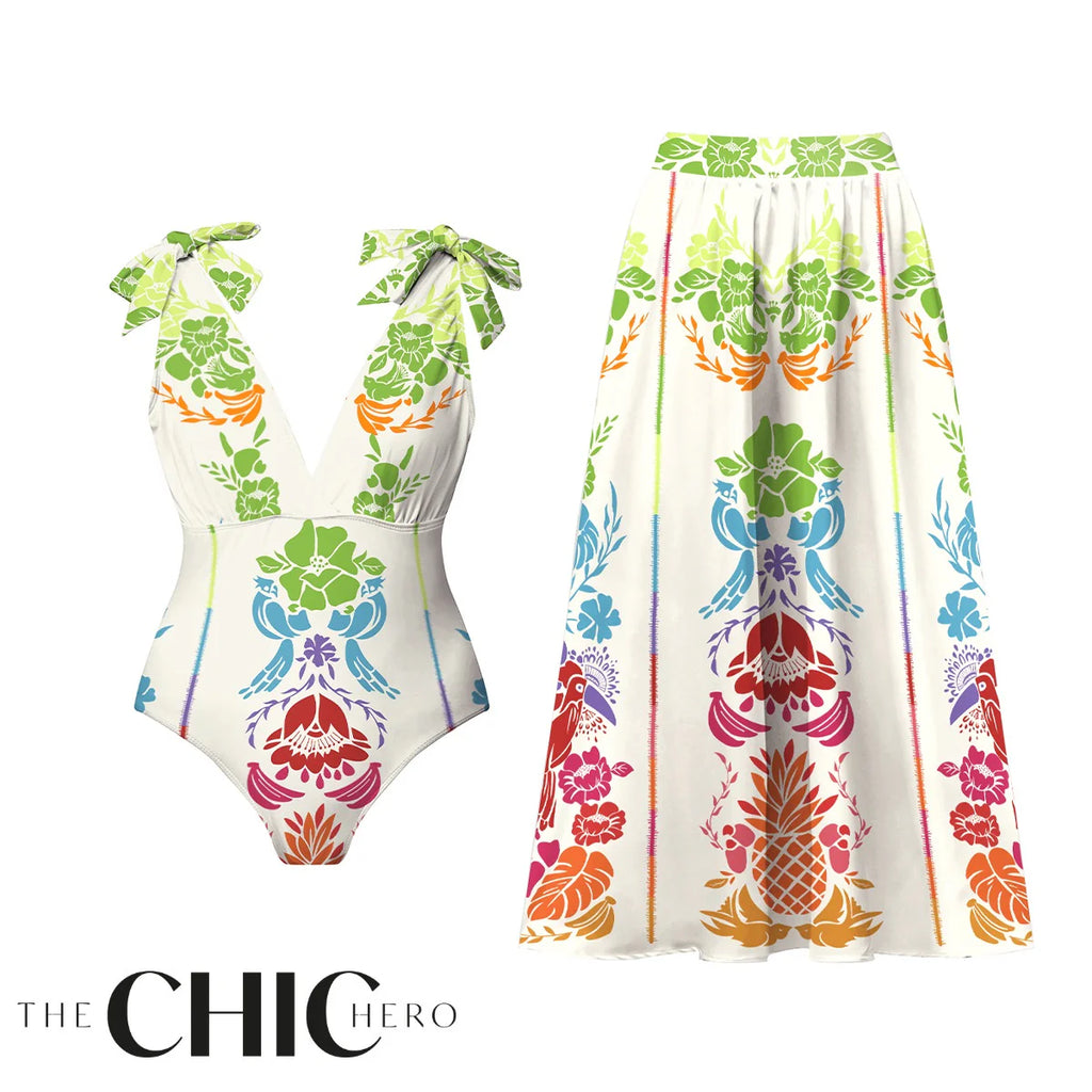 Tropical Graphic One-Piece Swimsuit&Skirt