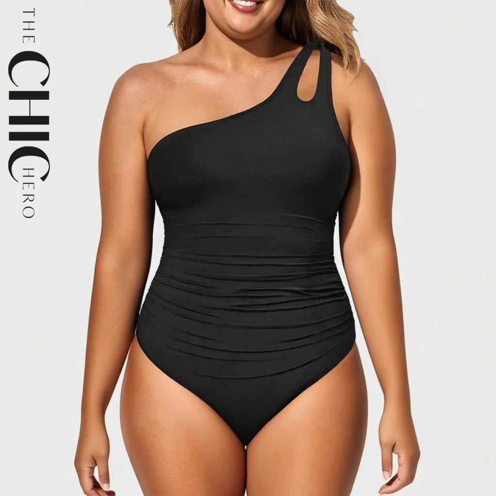 Black One Shoulder One-Piece Tummy Control Swimsuit