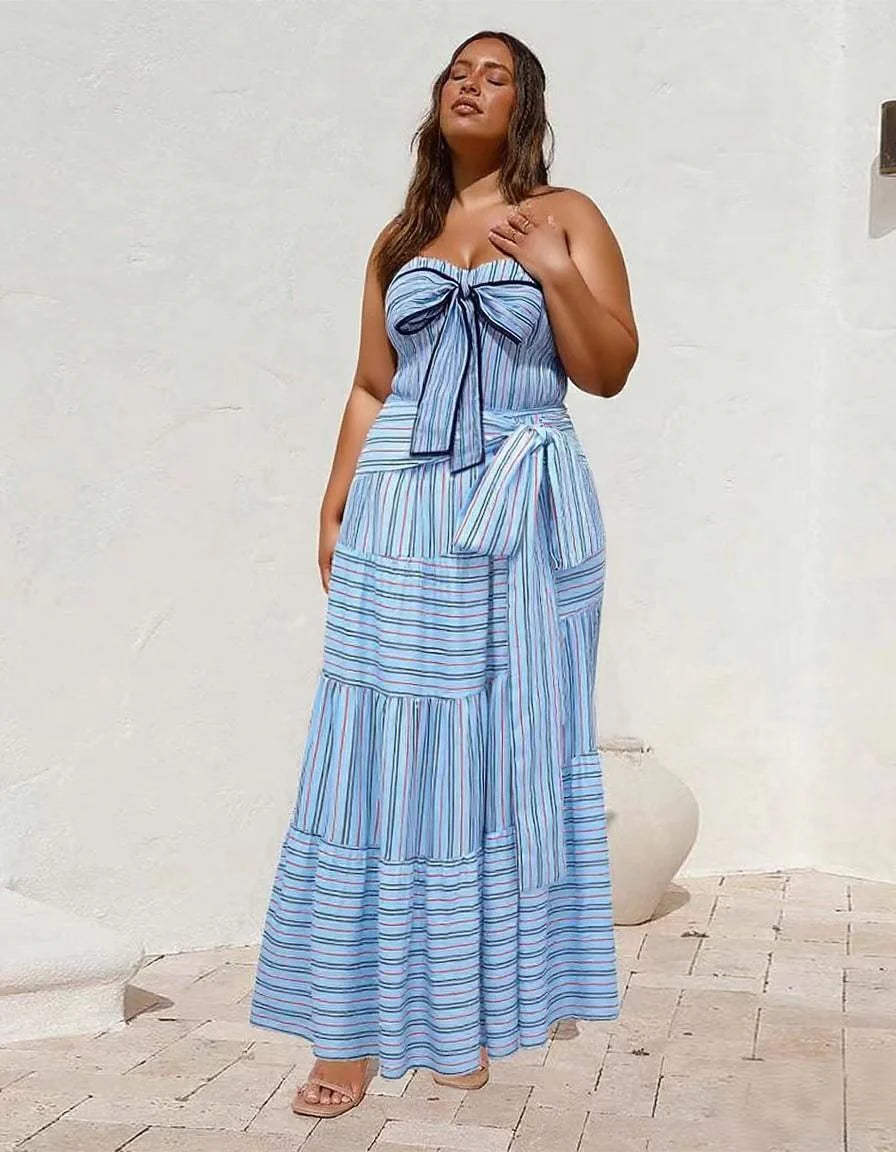 Nautical Inspired Striped Halter Neck One-Piece Swimsuit&Skirt