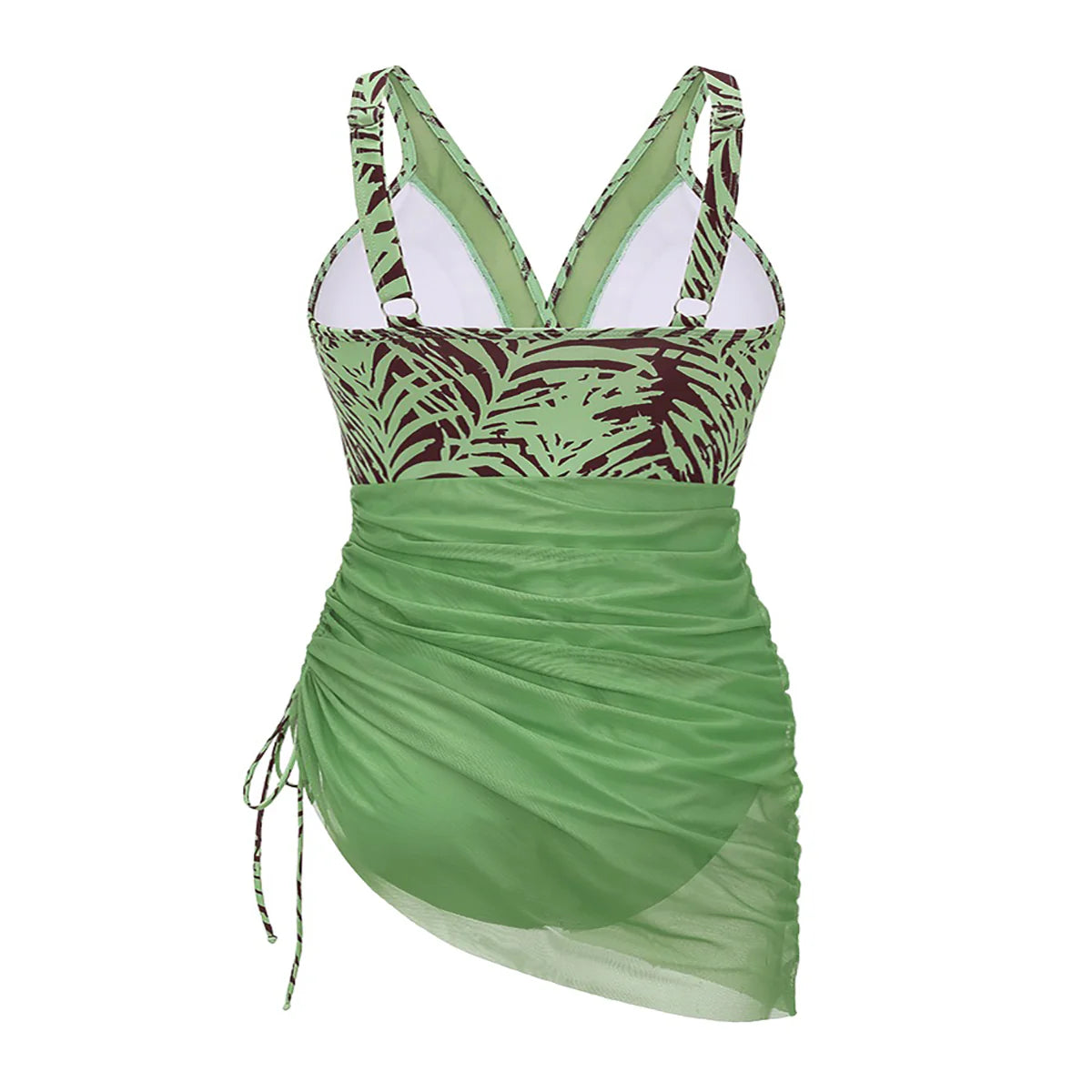 Plus Size Green Palm Print V-Neck One-Piece Swimsuit