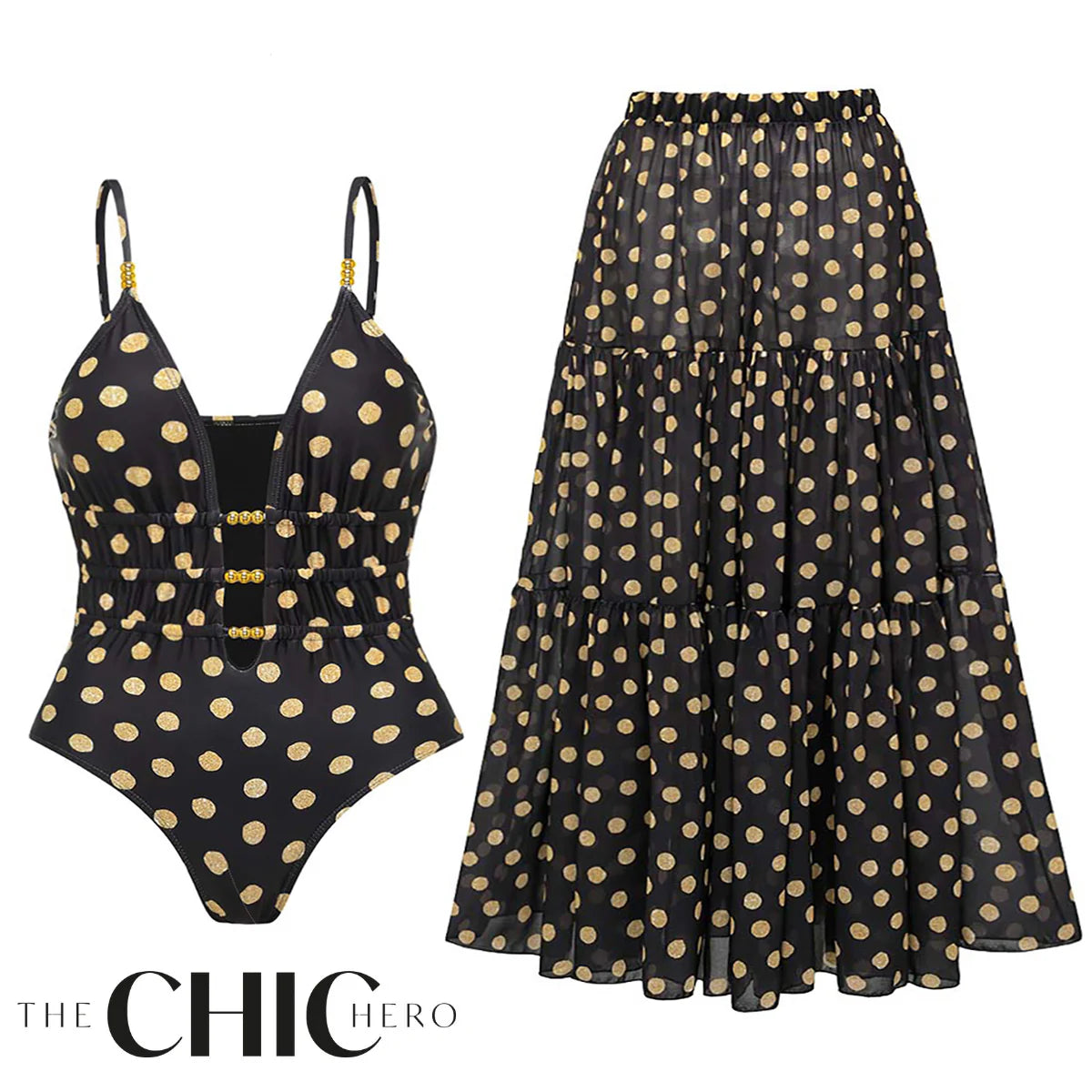 Chic Gold Polka Dots One-Piece Swimsuit&Skirt