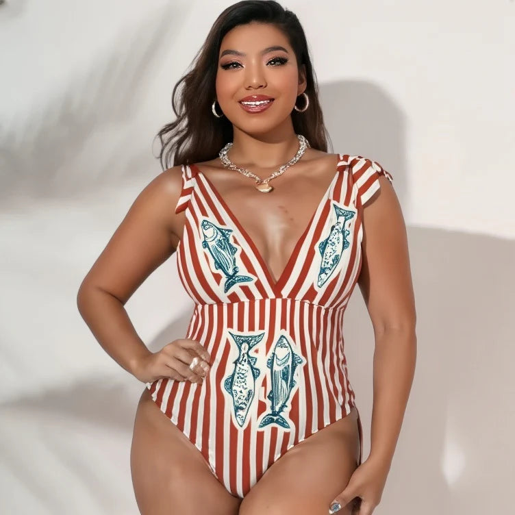 Vintage Nautical Fish Print & Striped One-Piece Swimsuit&Skirt