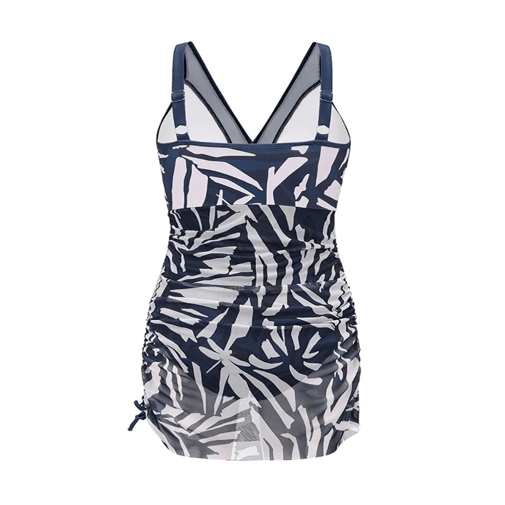Blue Mesh Sheer Sarong Wraps V Neck One-Piece Swimsuit