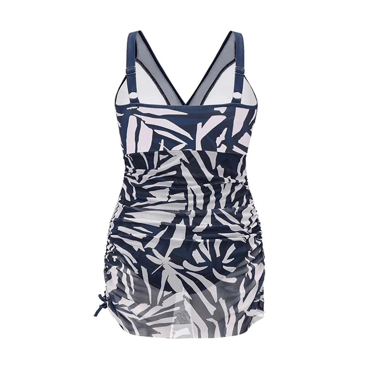 Blue Mesh Sheer Sarong Wraps V Neck One-Piece Swimsuit