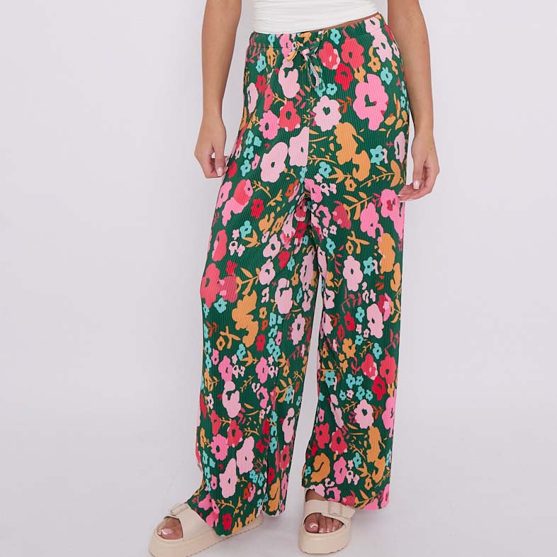 Colorful Small Florals Abstract Print Wide-Leg Drawstring Palazzo Pleated Pants