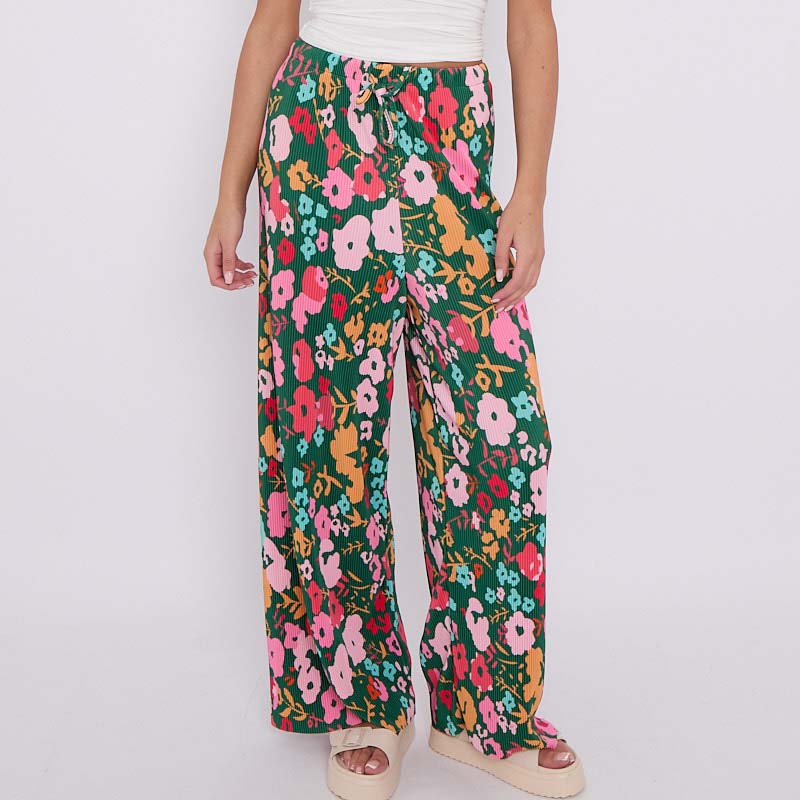 Colorful Small Florals Abstract Print Wide-Leg Drawstring Palazzo Pleated Pants