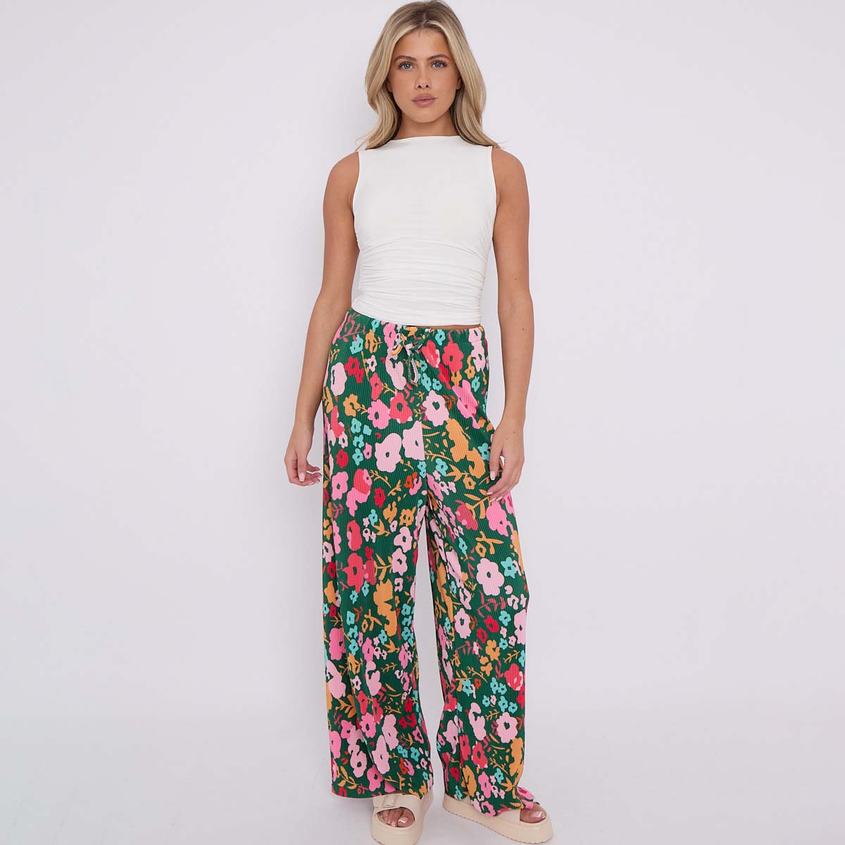 Colorful Small Florals Abstract Print Wide-Leg Drawstring Palazzo Pleated Pants