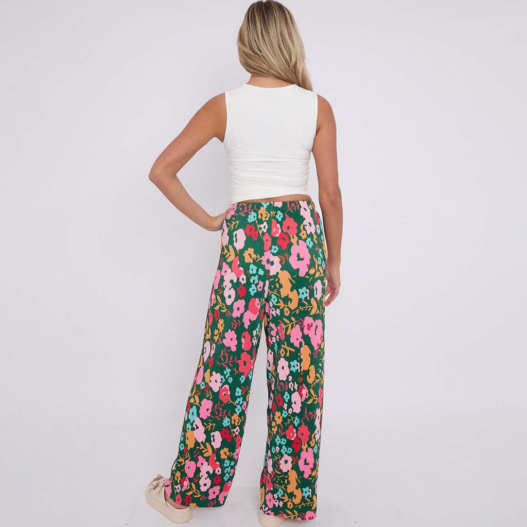 Colorful Small Florals Abstract Print Wide-Leg Drawstring Palazzo Pleated Pants
