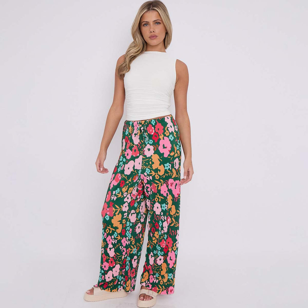 Colorful Small Florals Abstract Print Wide-Leg Drawstring Palazzo Pleated Pants