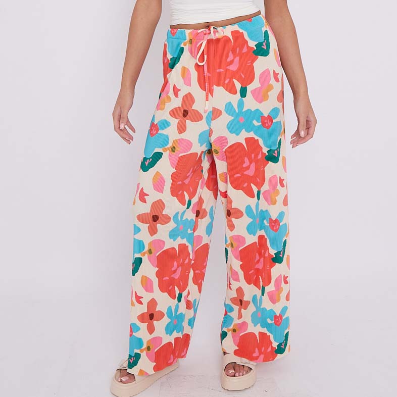 Rose Flower Print Abstract Wide-Leg Drawstring Palazzo Pleated Pants